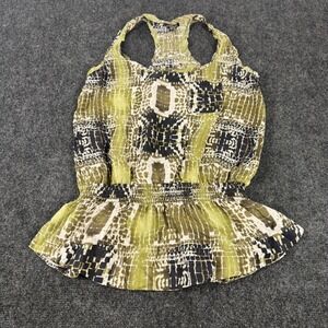 Bebe Olive Green Snakeskin Print Peplum Racerback Tank Top Smocked Waist Large